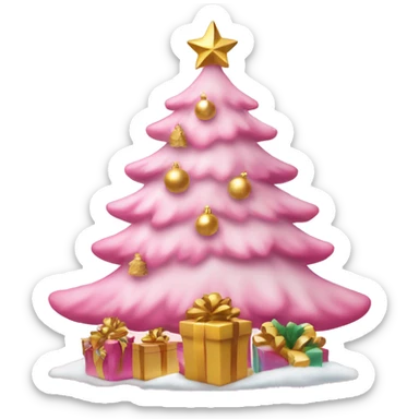 pink christmas tree frosted with presents and gold sticker