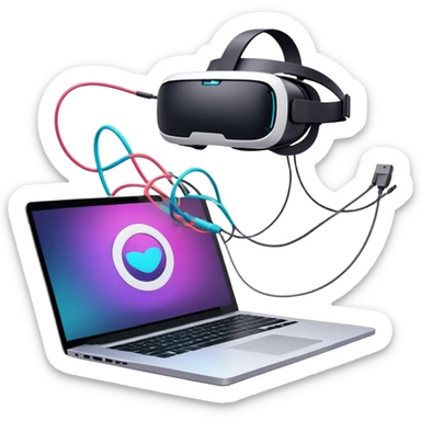 VR headset lying next to a laptop, connected by wires. On the laptop screen, a VR/AR modeling program is open. Floating 3D models or virtual objects. Modern, tech-inspired colors. No emojis or smiley faces. Transparent background. sticker