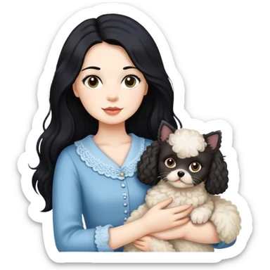 Lady with long black hair, with a Ragdoll cat and a small poodle  sticker