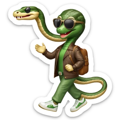 friendly anthropomorphised snake in sunglasses, jacket and sneakers, walking with a smile sticker