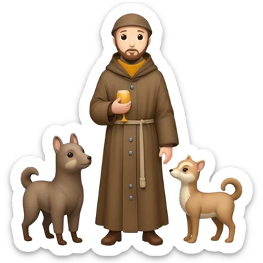 create a full body shot of Saint Francis of Assisi cartoon modern type with animals during the winter, background, to be used as an AI crfreation in HeyGen.com, please create a winter background sticker