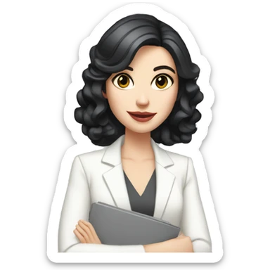 pale skin woman interior designer with cold blonde middle length black hair, gray eyes, White classical jacket, blouse, Gray skirt holding a color palette in the hands sticker