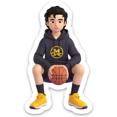 boy kid sitting in a ring sitting pose, black hoodie with hood off, smirking, black crew socks, black messy hair, black basketball shorts, yellow skin sticker