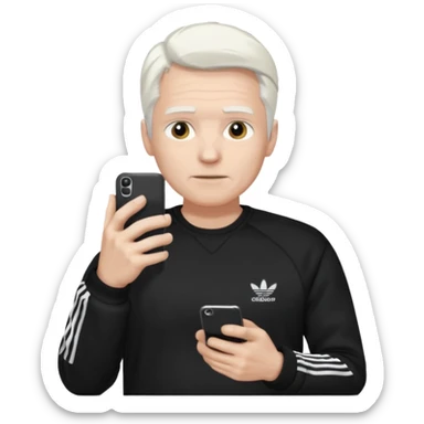 Hombre blanco con cabello blanco ropa negra Adidas y un teléfono en la mano derecha viéndolo sticker