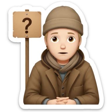 A tired homeless man wearing a worn brown coat and beanie, sitting quietly with a cardboard sign in his hands.
 sticker