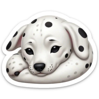Cinematic Meme-Worthy cute Sleeping Dalmatian Portrait Emoji, Head resting peacefully with a contented smile, showcasing a delightfully cute build and a luxuriously soft white coat with bold black spots, eyes shut in a serene nap, Simplified yet hilariously adorable features, highly detailed, glowing with a soft, drowsy light, high shine, relaxed and utterly lovable, stylized with an air of playful laziness, bright and heartwarming, soft glowing outline, capturing the essence of a comically sleepy Dalmatian, so meme-worthy it feels like it could instantly become the next viral sensation of adorable slumber! sticker
