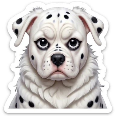 Cinematic Meme-Worthy Grumpy Dalmatian Portrait Emoji, Head held high but eyes filled with dramatic disappointment, smooth white fur speckled with striking black spots, deeply furrowed brow forming an unmistakable scowl, floppy ears slightly angled back in disapproval, piercing dark eyes glaring with pure exasperation, Simplified yet hilariously over-exaggerated features, highly detailed, glowing with an aura of supreme annoyance, high shine, exhausted yet judgmental, stylized with an almost regal pettiness, bright but brooding, soft glowing outline, capturing the essence of a companion that has seen it all and is thoroughly unimpressed, so meme-worthy it feels like it could instantly become the next viral sensation of grumpiness! sticker