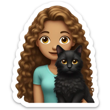 A girl with medium brown very long curly hair holding a black cat sticker