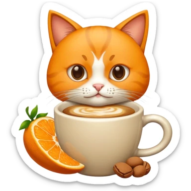 Gato naranja aún lado de un café frio tomando el popote con sus patitas sticker