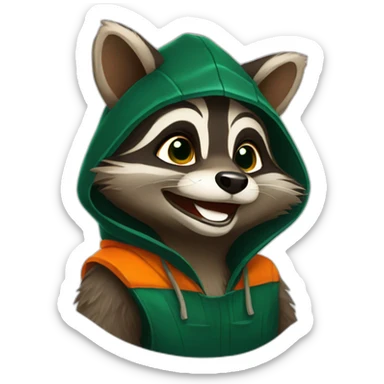 brown raccoon with orange eyes and a dark green hood that is laughing sticker