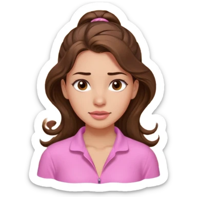 girl with wavy long ponytail brown hair, brown eyes, light to medium complexion, long lashes, light pink lipstick, wearing light pink shirt, in a sauna sticker