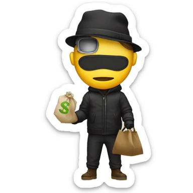thief with a bag of a bank in his hand, mask and hat, almost medium body  sticker