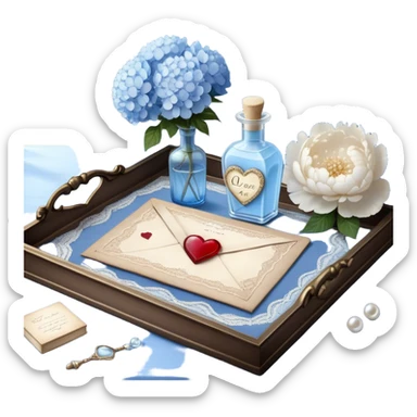 On a lace-trimmed tray rests an ornate glass bottle filled with a soft blue love potion, next to an aged love letter sealed with a wax heart. A delicate pearl butterfly gently perches on the edge of the envelope, while petals of white peonies and pale blue hydrangeas are scattered around. sticker