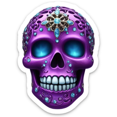 Realistic isolated metallic dark purple,magenta,light blue,and hot pink filigree super skull decorated with shiny diamonds and rhinestones.  sticker