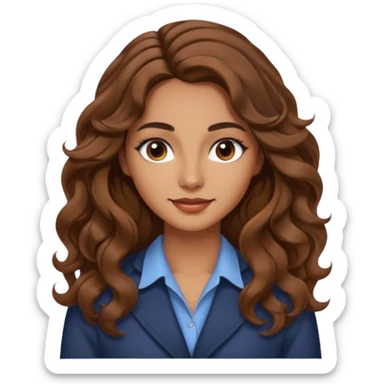 She has long, brown hair styled in soft wavy curls with a middle part. She has well-shaped eyebrows and dark brown eyes. She is wearing light makeup that highlights her natural beauty and is offering a slight smile to the camera.  sticker