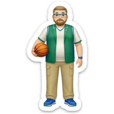 full body white obese male basketball coach with trophy. Goatee , Wearing glasses and blue and green polio and khaki pants sticker