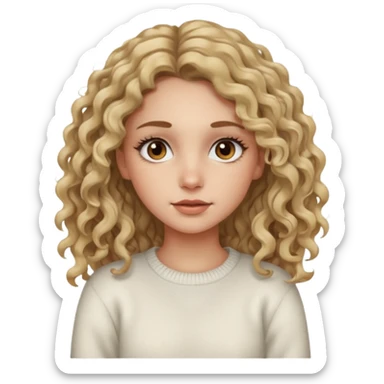 a dirty blonde girl with brown eyes and make her wearing a white sweater and  with really long curly hair and white skin color, long hair and really big lashes sticker