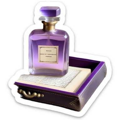 An ornate glass perfume bottle, filled with a delicate violet-hued elixir, rests on a lace-covered vanity tray, surrounded by pressed pansies in shades of lavender, plum, and amethyst, their petals softly curling with time. A worn leather-bound poetry book, its pages kissed with faded lilac ink, lies open beside it, exuding whispers of forgotten verses and fleeting romance sticker