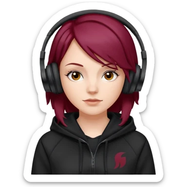 white girl with burgundy hair, black deportive hoodie and black headphones sticker
