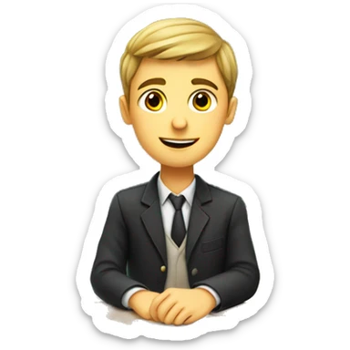 European schoolboy sitting at desk,  computer on desk sticker