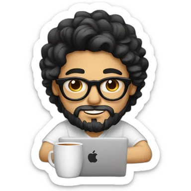 Designer with black hair, beard and glasses working with MacBook and drinking cappuccino  sticker