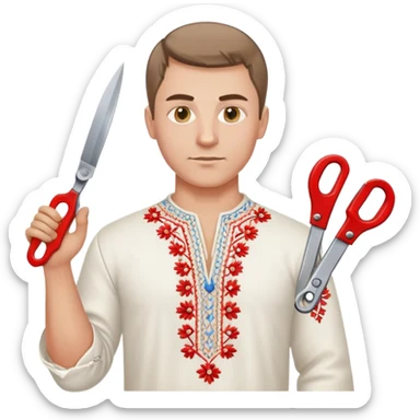 A Ukrainian man wearing traditional white embroidered vyshyvanka shirt holding red scissors in one hand and a spanner/wrench in the other hand sticker