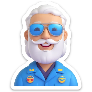 middle-aged male pilot, white skin, silver hair, beard, smiling, wearing sunglasses, bright friendly detailed 3D cartoon style similar to Apple emoji style sticker