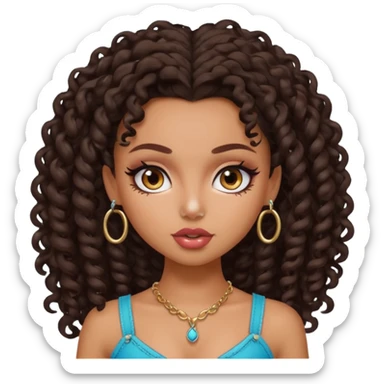 pretty bratz baddie, dark brown curly head, tan skin, nose piercing sticker