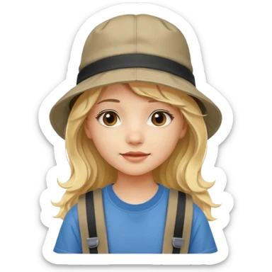 a young student girl with the backpack with bucket hat, blonde wavy long hair sticker