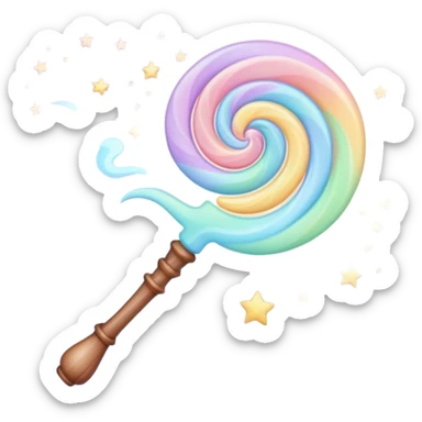 Cinematic cute magical wand, pastel swirls of color, tiny twinkling stars floating around, glowing softly, chubby rounded edges, whimsical and dreamy. sticker