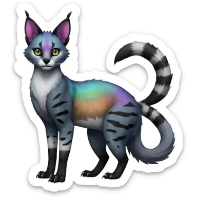 Colorful dark black gloomy spooky pointy foggy smoky points-marked white glorious iridescent divine exotic cute cool beautiful beautiful fantasy-caracal-civet-genet-sergal-vernid-Cacomistle-Trico-oncilla-animal-Fakémon-hybrid-fursona (full body) sticker