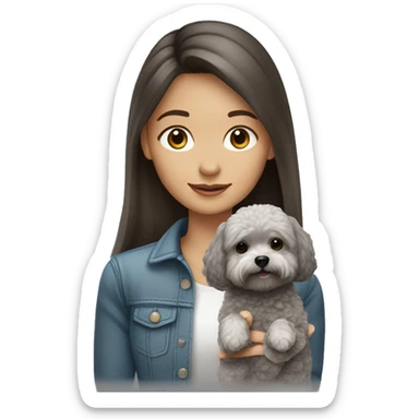 Brunette girl long straight hair, holding a gray maltipoo with a white snout sticker