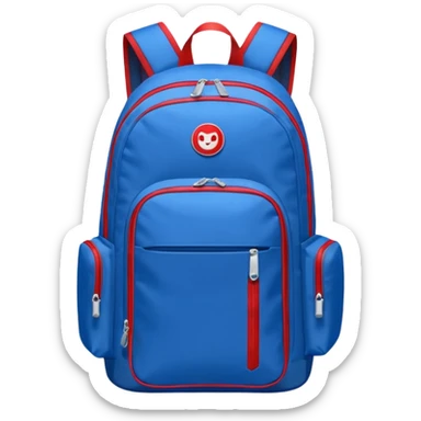 blue backpack with two diveded logo (leftside white, right side red) at the bottom pocket

 sticker