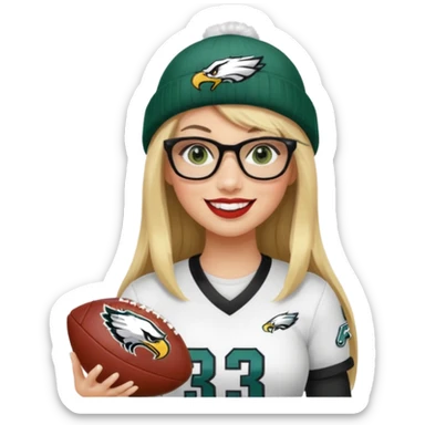 full length women wearing eagles uniform, long straight blonde hair, straight bangs, green eyes, black rectangle glasses, holding football, number 33, smiling, lipstick, eagles beanie sticker