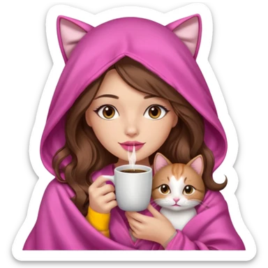 girl with long wavy brown hair, brown eyes, long lashes makeup, sexy pink lips, light to medium complexion, wearing a pink sexy silk top, big blanket over the head cozy holding a cat,  drinking coffee sticker