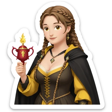Helga Hufflepuff, half-turned in profile,brown-haired,2 braids,yellow-black medieval open dress,deep neckline,fat macromastia,black cloak decorated with gold braiding,wand,gold cup with two handles,very kind smile,curvy busty sweet woman,round rosy cheeks,full length with medieval shoes sticker
