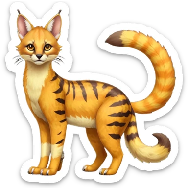 Dark gloomy orange-golden-yellowish-beige-gradients colorful painted marked patterned Asian glorious divine exotic cute cool beautiful shiny beautiful fantasy-caracal-civet-genet-sergal-vernid-Cacomistle-oncilla-animal-Fakémon-hybrid-fursona (full body) sticker