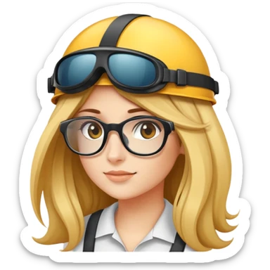 Ragazza con capelli lunghi castani, casco, Occhiali da sole e cuffie sticker