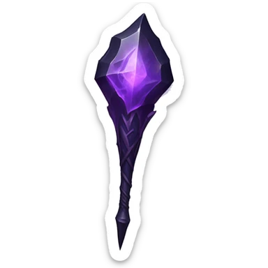 The spear is black with purple accents, a jagged, crystalline head with veins, and a spiraling shaft. Ethereal purple energy surrounds the tip, giving it a powerful, cursed presence. sticker