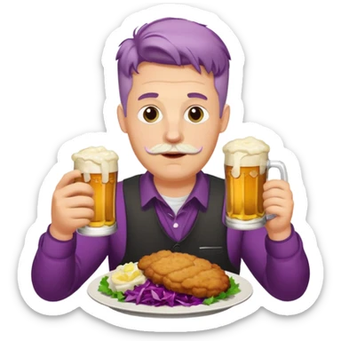 German man eating schnitzel, potato salad, red cabbage, sauerkraut, and beer sticker