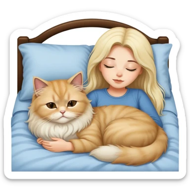 pretty girl with dark long hair sleeping with blonde fluffy  persian cat in bed sticker