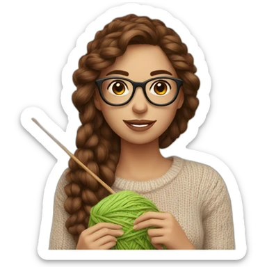 young woman brown hair and glasses holding knitting yarn in her hand sticker