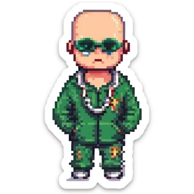 Pixel art thug in tracksuit, holding chain, bald head, angry expression, side view, retro arcade sprite
+ add the indicator to it "2020000" sticker