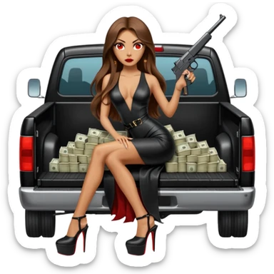 Lilith symbol red eye seductress evil long brown haired sexy succubus woman with leather long dress with slit, sitting in Big Large F350 pickup truck. Black Platform high heels on feet. Back of truck full of stacks of cash, sitting behind her is  a human skull with a gun in other hand sticker