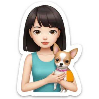 a pretty Asian girl, with hair bangs, pale skin, with manicure holding a chihuahua in her, with the attuidute of whatever" sticker