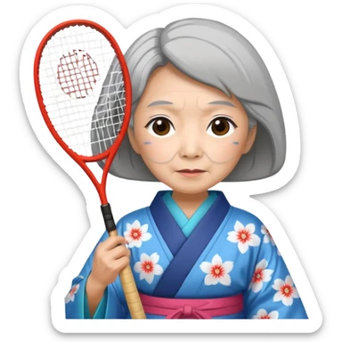 ancient japanese old woman with 1 badminton racket sticker