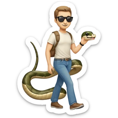 friendly anthropomorphised snake in jeans, t-shirt, dark sunglasses, walking with a smile sticker
