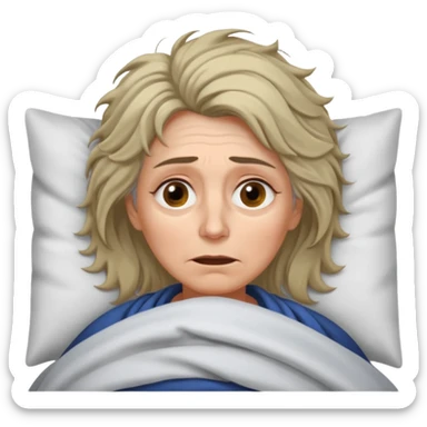 A 55-year-old woman lying in bed at night, unable to sleep. She looks exhausted and desperate, with visible dark circles under her eyes, tired facial expression, slightly messy hair. She is under the blankets, staring at the ceiling.  sticker