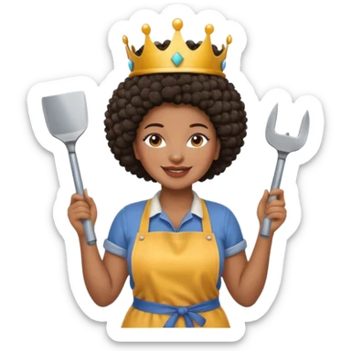 Mujer curvy afro, con vestimenta cómoda y delantal,con una corona sobre su cabeza y sonrisa contagiosa. En la mano herramientas de construcción sticker