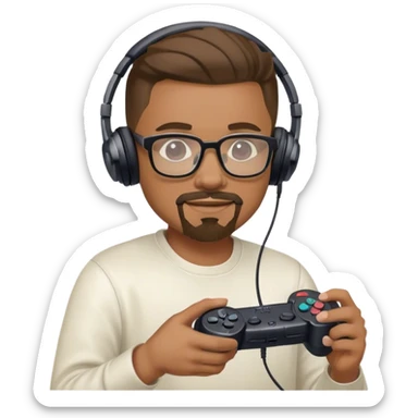 Muchacho guapo tez moreno claro con barba de candado con lentes con audífonos jugando playstation sticker
